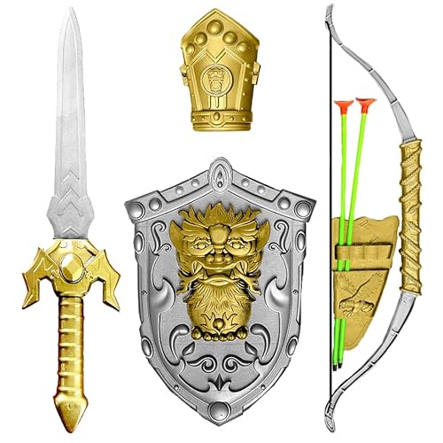 Kit Dragão Medieval Arco e Flecha Escudos e Espada Infantil Fantasia de Festa Halloween para Criança