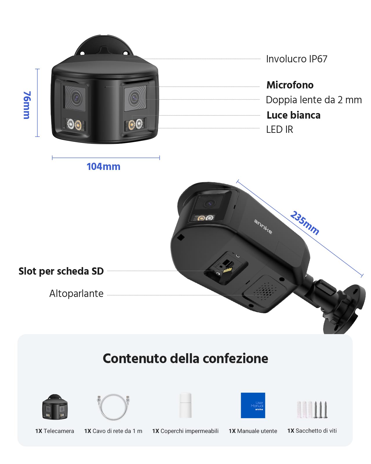ANNKE - Telecamera di sorveglianza PoE esterna a doppio obiettivo 4K con visuale panoramica a 180°, audio bidirezionale, riconoscimento di persone e veicoli tramite IA, registrazione 24/7, visione