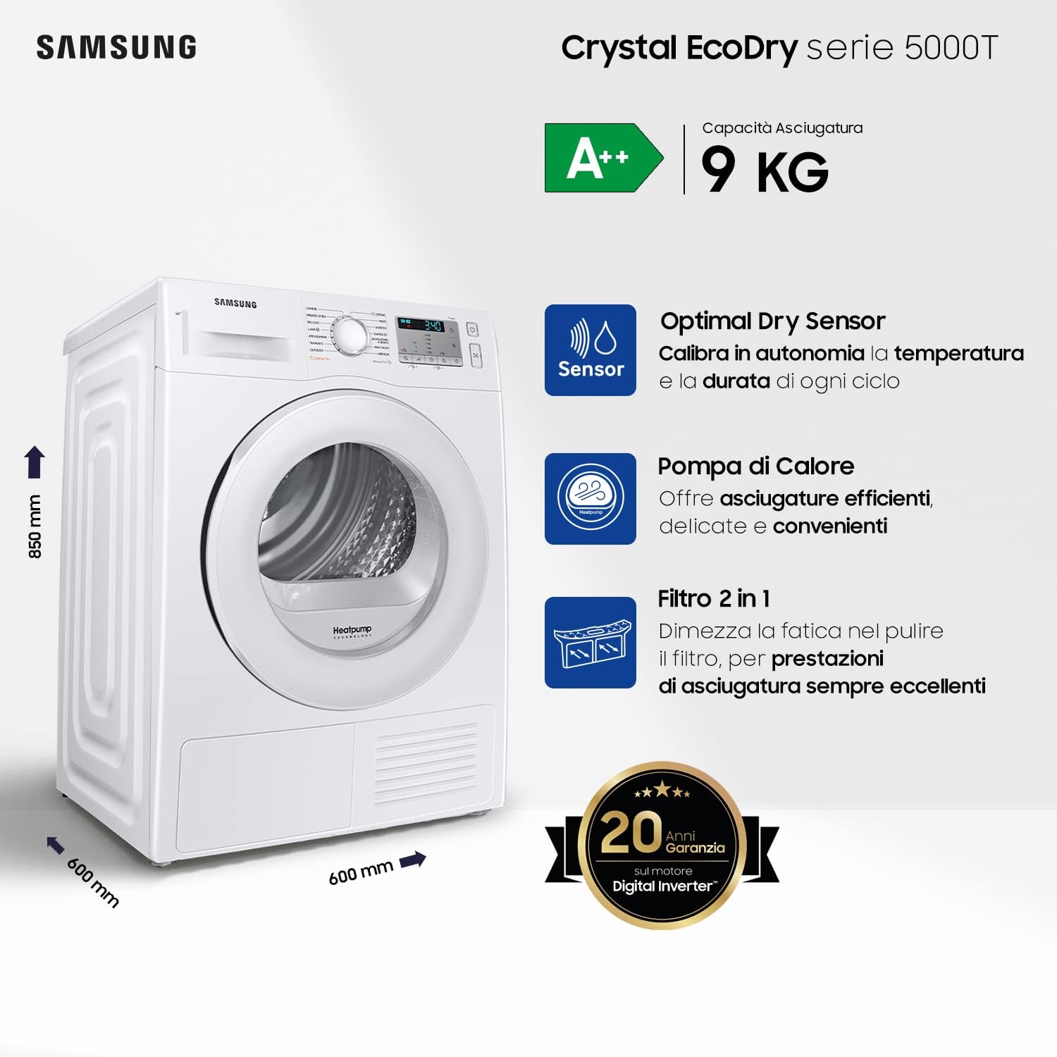 Samsung Asciugatrice Crystal EcoDry DV90TA040TH/ET, 9 kg, Pompa di calore, Carica Frontale. 60l x 85h x 60p cm Samsung Asciugatrice Crystal EcoDry DV90TA040TH/ET, 9 kg, Pompa di calore, Carica Frontale. 60l x 85h x 60p cm