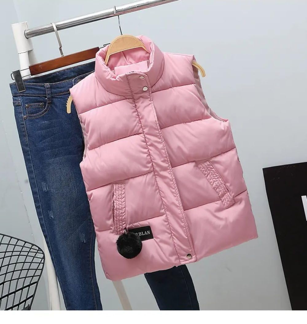 Chalecos De Invierno Con Cuello Alto Para Mujer Chaleco Corto Acolchado Para Mujer Chaqueta Informal Sin Mangas Con Cremallera Para Exteriores Chaleco Ropa De Abrigo,Rosado,Xxl