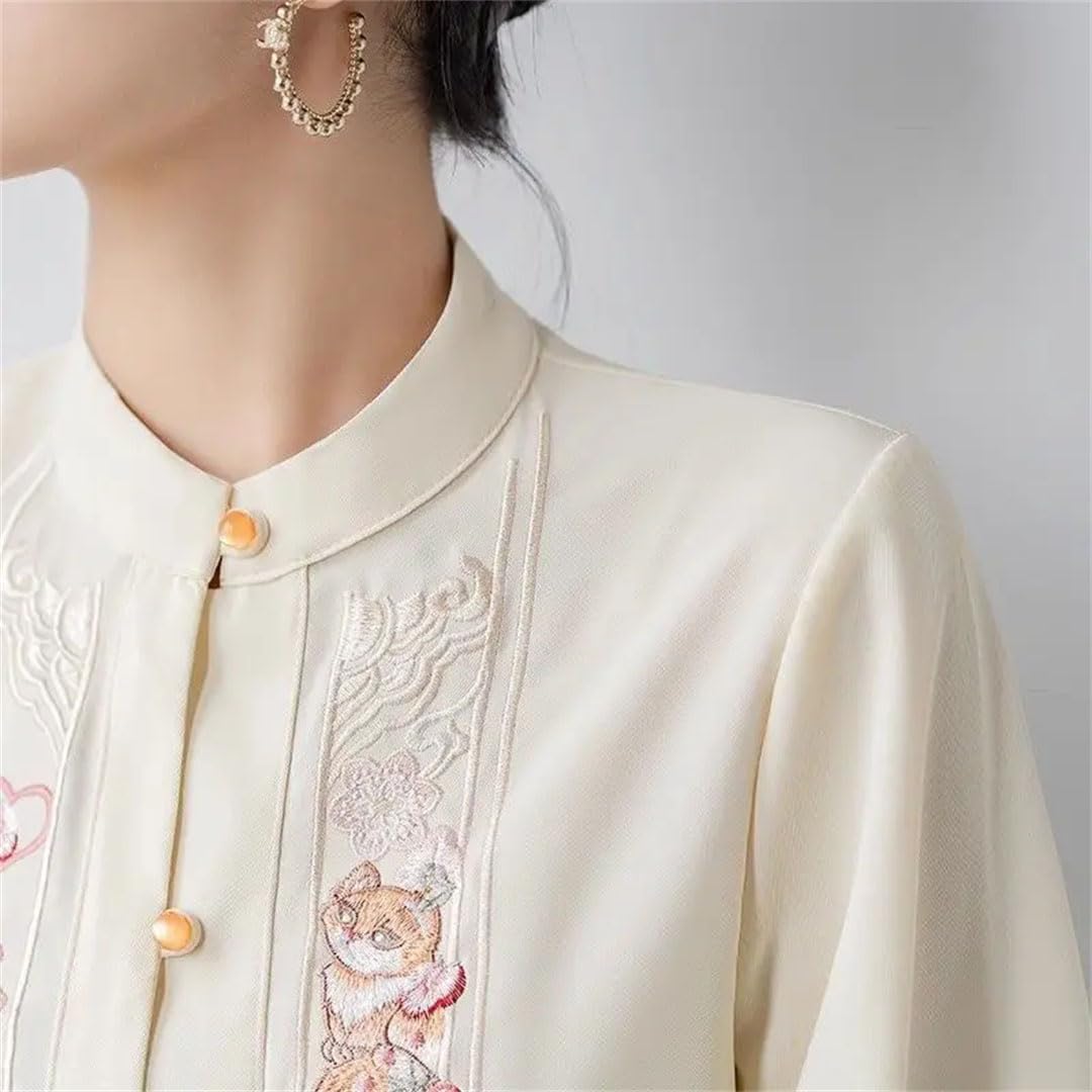 Camisa de manga larga con cuello redondo para mujer, bordada, con botones, vintage, elegante