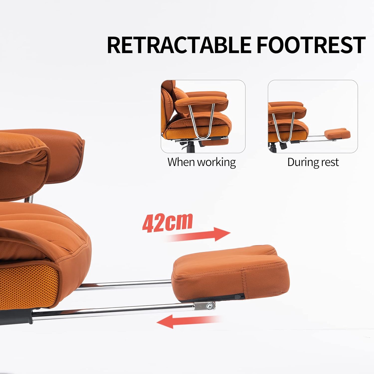 Efomao Desk Office Chair 400LBS,Big and Tall PU Leather Computer Chair,Executive Office Chair with Leg Rest and Lumbar Support (Dark Orange)