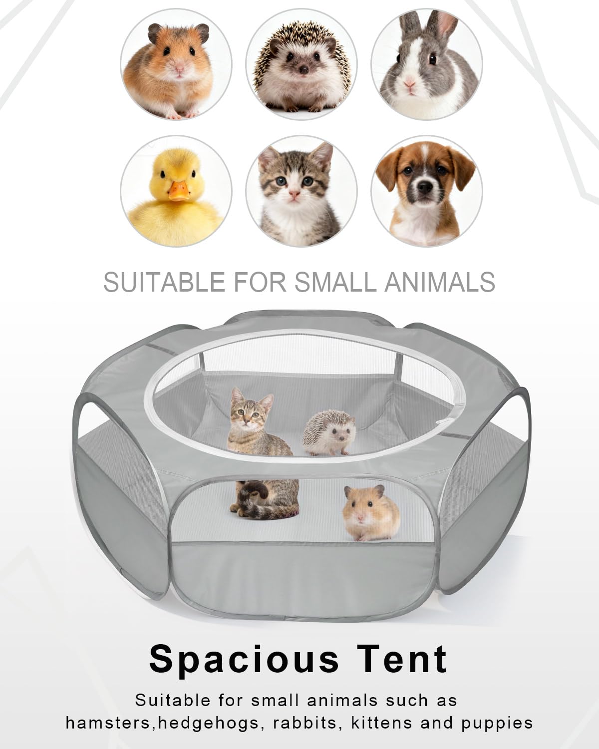 MAIKEHIGH Parque de Animales Pequeños, Impermeable Transpirable Ejercicio de la Portátil Tienda Animal Doméstico con Cubierta Cremallera de Indias Conejos Hámster Chinchillas Erizos (Gris)