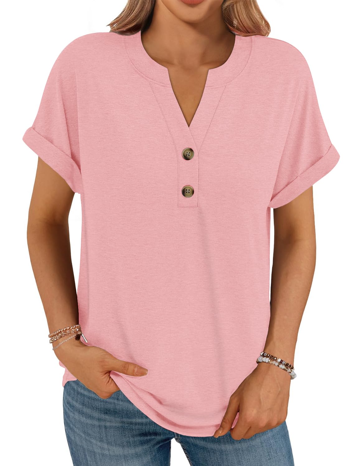 Cuptacc Tshirt Damen V-Ausschnitt Mit Knopfleiste Oversize T-Shirt Kurzarm Oberteile Damen Locker