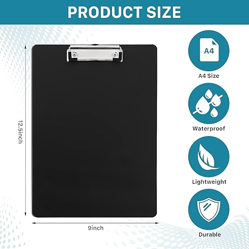 Miniatura 2 de Paquete de 15 portapapeles de plástico, portapapeles negros de 12.5 x 9 pulgadas con clip de perfil bajo, tamaño de letra A4 para aula, oficina,