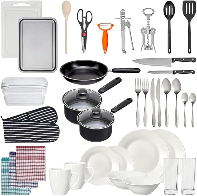 UNIKITOUT | 40+ Items Kitchen Essentials Set, Silver | Utensil Set, Non-Stick Cookware, Dinner Tableware Kit, Glove & Linen, Food Containers | Includes Frying Pan, Pots, Knife, Cutlery, Spatula