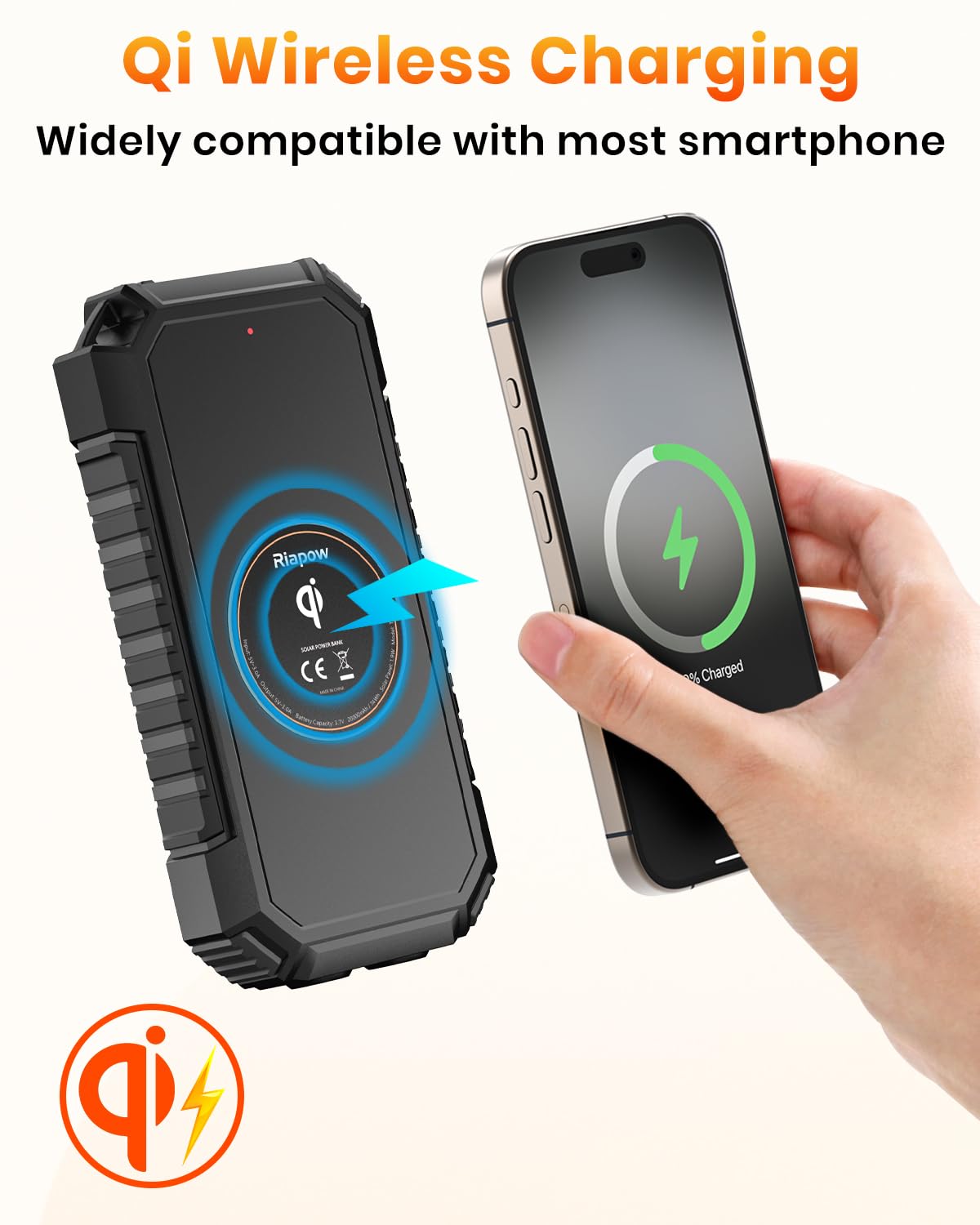 Caricatore Solare Power Bank Wireless 26800mAh - Riapow USB C PD QC 3.0 Batteria Esterna Caricatore Portatile Senza Fili Qi con Doppia Torcia per Smartphone, Tablets e Campeggio (Nero)