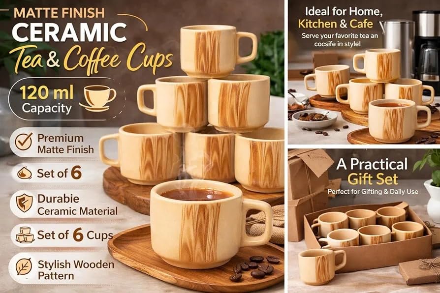Image of Premium Handmade Ceramic Coffee Mug Set of 6, Rustic Beige Tea Cups with Handle, Stackable Stoneware Cups for Tea Coffee Espresso Cappuccino, Microwave & Dishwasher Safe, Aesthetic Kitchen Drinkware