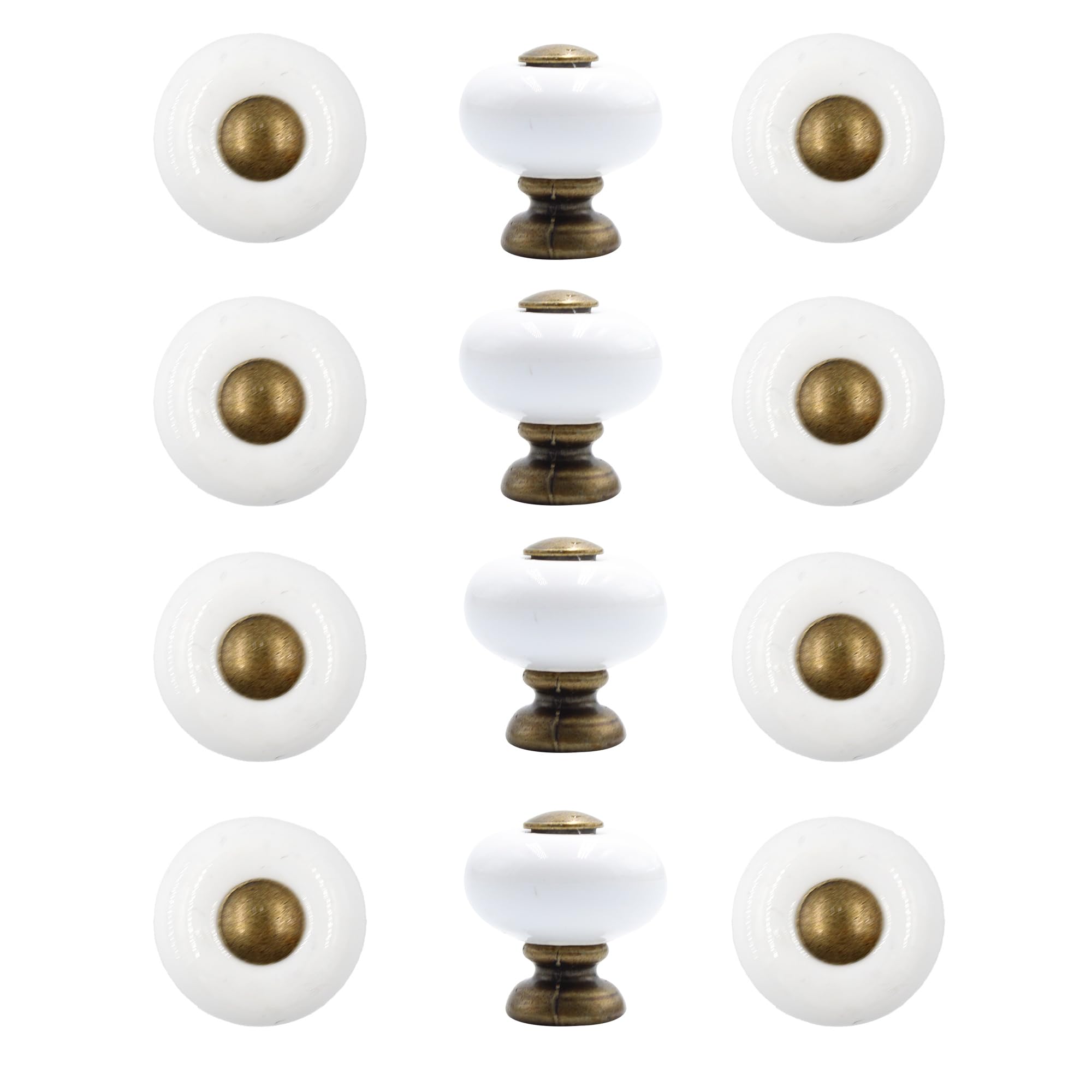 AUXBC 12Pcs 1” Ceramic Round Knobs, Antique Brass and Ceramic Cabinet Knobs, White Furniture Knobs, Mini Drawer Handle Pulls for Drawer Closet Dresser Cupboard Wardrobe Door Kitchen