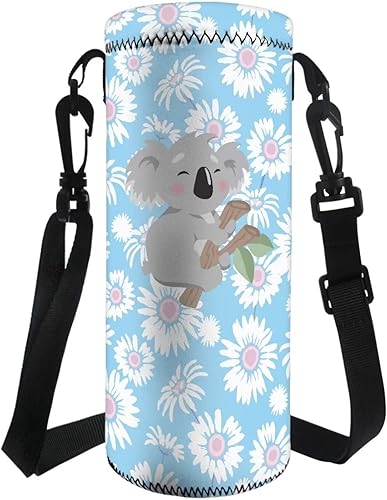 GIFTPUZZ Funda para botella de agua con patrón de koala de margarita azul con cordón, bolsa para botella de agua de gimnasio y deportes, con asa,