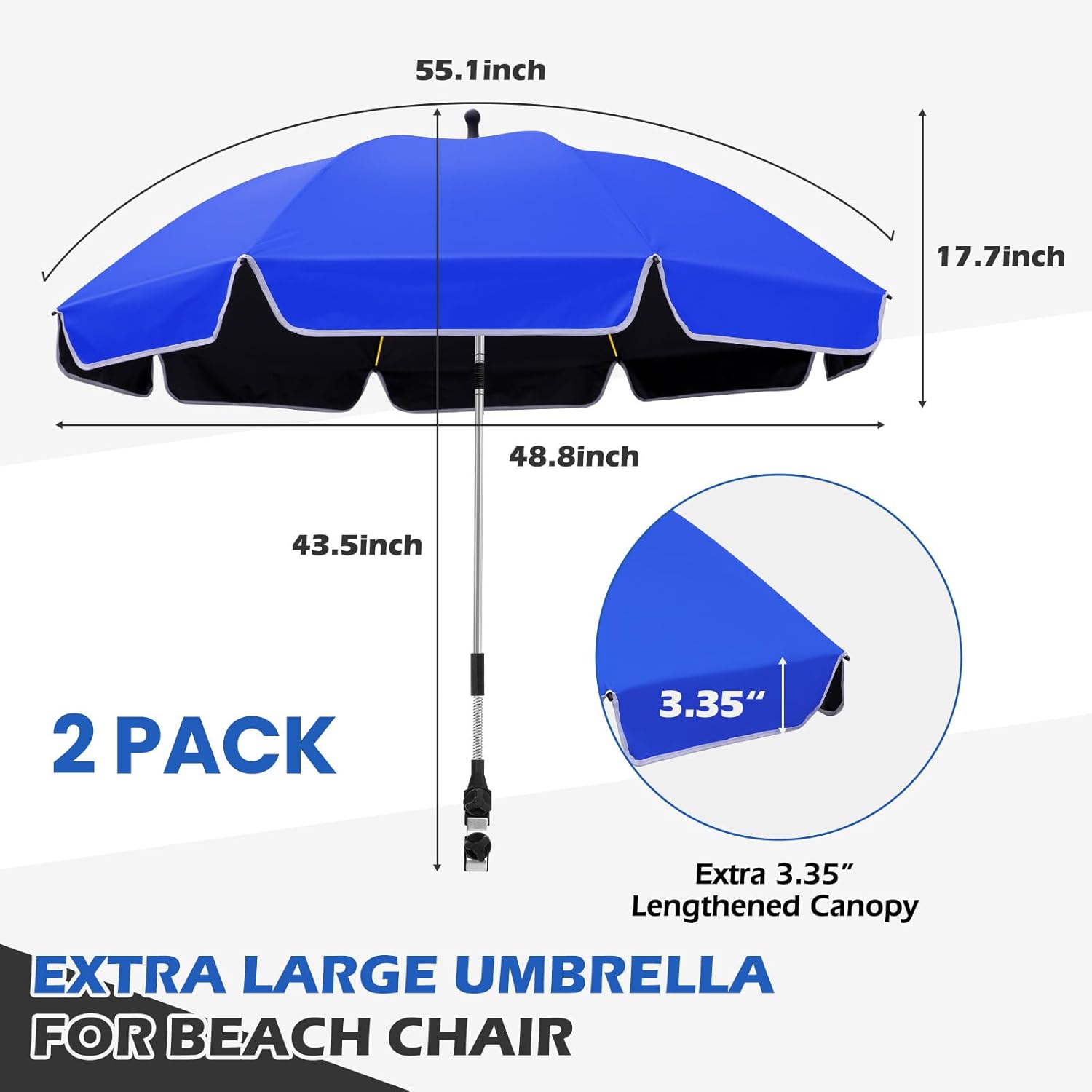2Pack 48.8 inch Large Beach Umbrella with Clamp Sun Shade for Beach Chair, 360°Adjustable UV Protection Golf Umbrella with Clip for Outdoor Stroller Wheelchair Camping Chair - Image 2