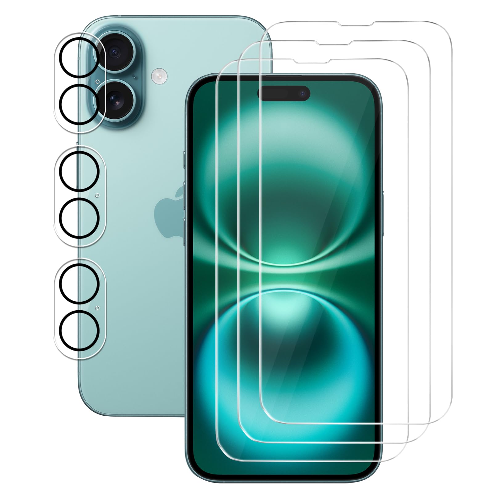 GLIMALL 3 Pack Screen Protector for iPhone 16 with 3 Pack Camera Lens Covers, HD Tempered Glass, 9H Hardness, Full Coverage, Scratch-Resistant, Waterproof, Bubble-Free