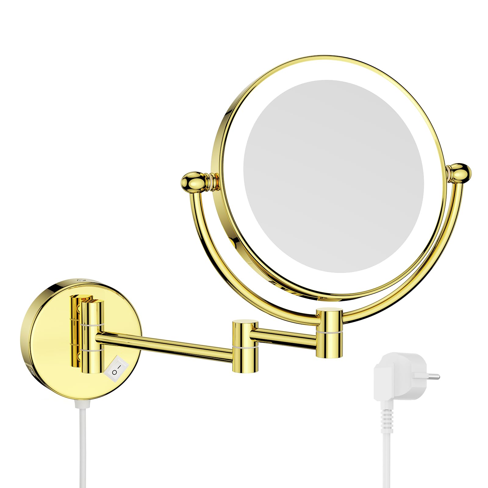 Nicesail Specchio Trucco con Luci Oro Specchio Ingranditore da Parete 5x Specchio a Muro Estensibile da Bagno,Diametro 20 cm
