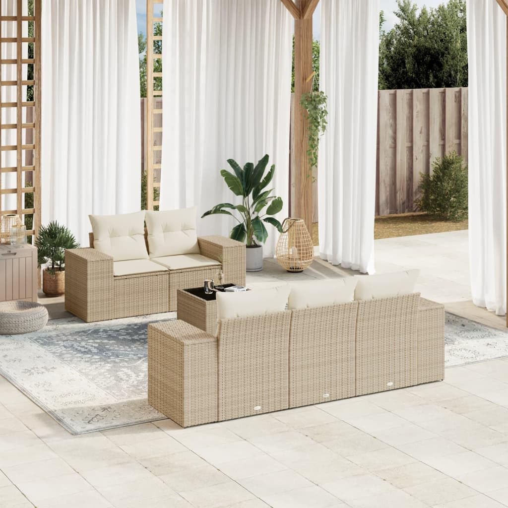 Set Divano da Giardino 6 Pezzi in Polyrattan Beige con Tavolo | Salotto modulare per terrazzo e patio con cuscini sfoderabili e piano in vetro temprato facile da pulire.