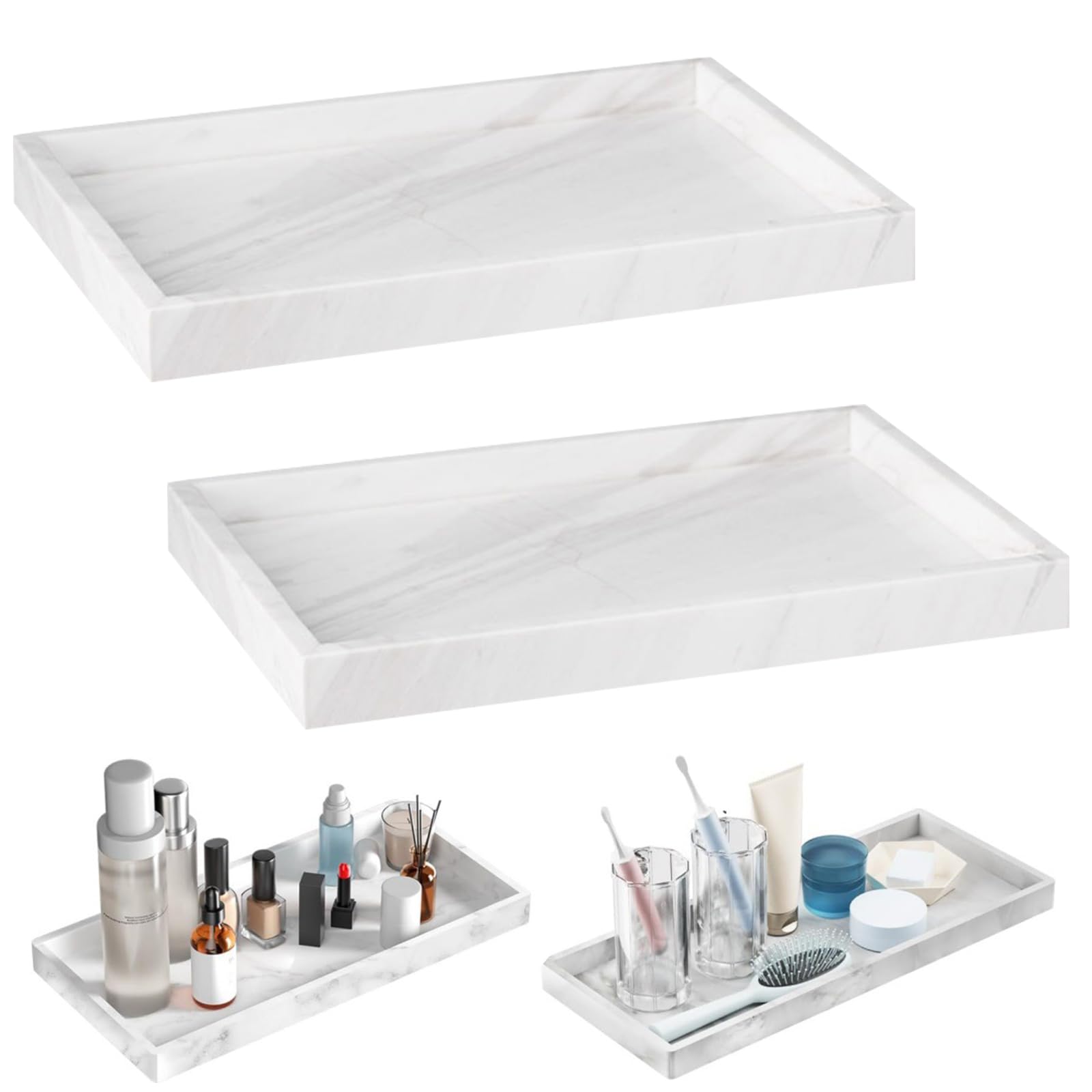 Bathroom Vanity Tray, 2 Pack Bathroom Counter Tray, 20x10cm Decorative Silicone Cosmetic Trays Jewelry Trays Mini Dish Cosmetics Holder for Soap Dispenser Perfume Jewelry(Marble White)