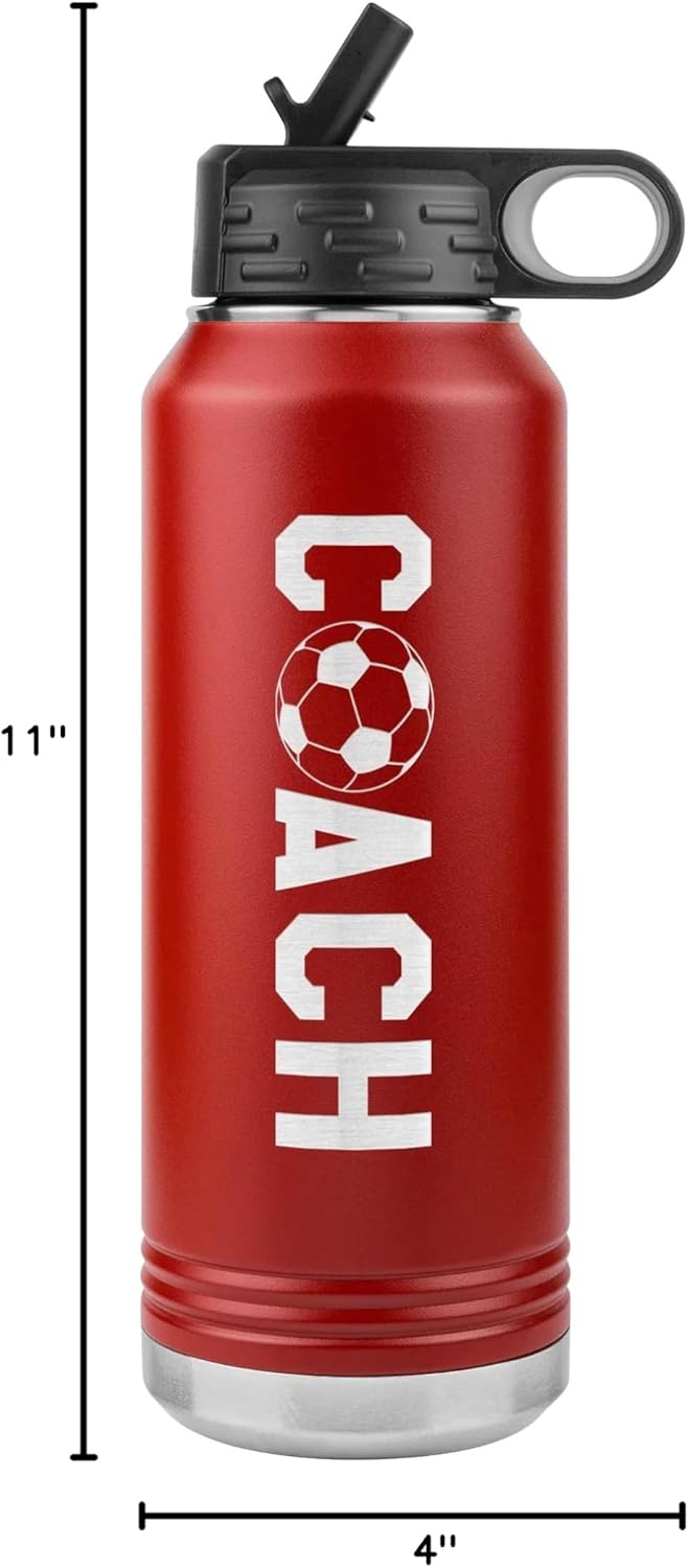 Soccer Coach Water Bottle - 32oz Insulated Engraved Stainless Steel Flip Top With Straw Soccer Coach Gift Black