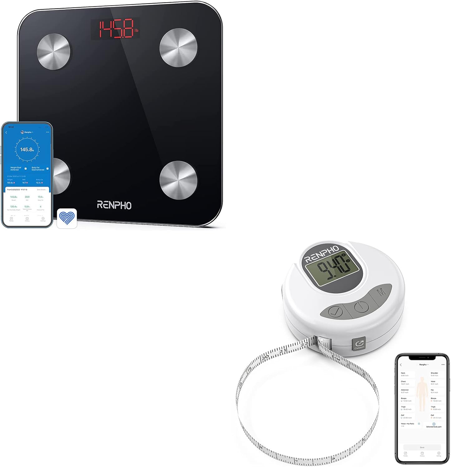 RENPHO Smart Bathroom Scale, Bluetooth Body Fat Monitor Weight Scale, Smart Bluetooth Digital Measuring Tape with Lock Hook, Retractable Function : Health & Household