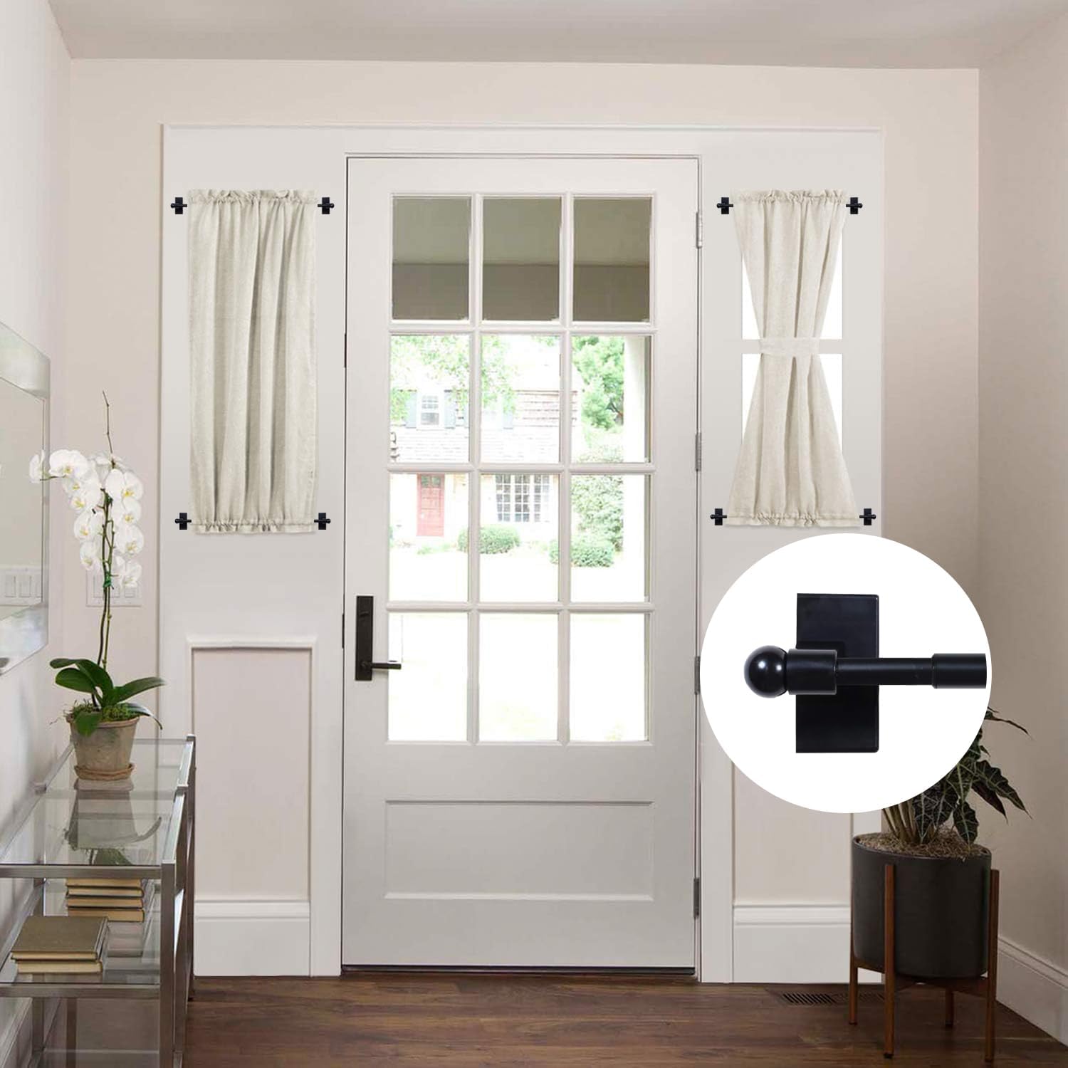 2 PACK 16 To 28 Black Magnetic Curtain Rods Bundle Natural 40 inches Linen French Door Curtains