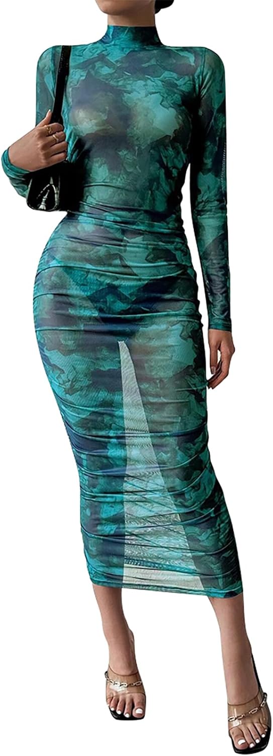 Women’s Sheer Mesh Sexy Bodycon Long Sleeve Ruched Maxi Dress Printed Slim Fit Party Club Dresses - Image 4