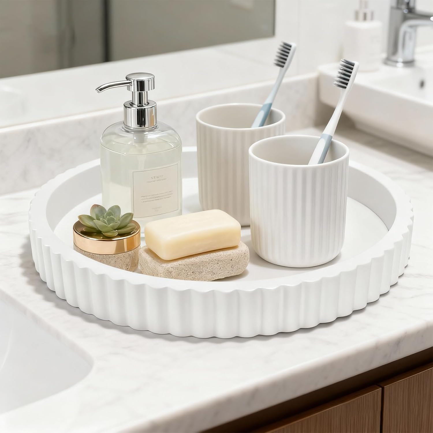 Decorative Tray for Coffee Table, 12'' Resin Modern Decorative Tray for Home Decor, Elegant Table Centerpiece White Round Fluted Serving Vanity Tray for Bathroom Kitchen Living Room Decor