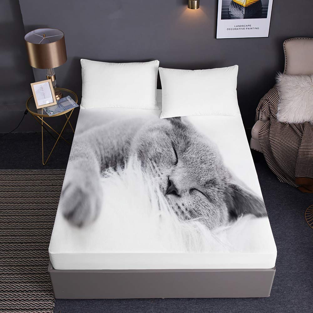 Drap housse 200x200 chat gris en microfibre avec bonnet 30cm