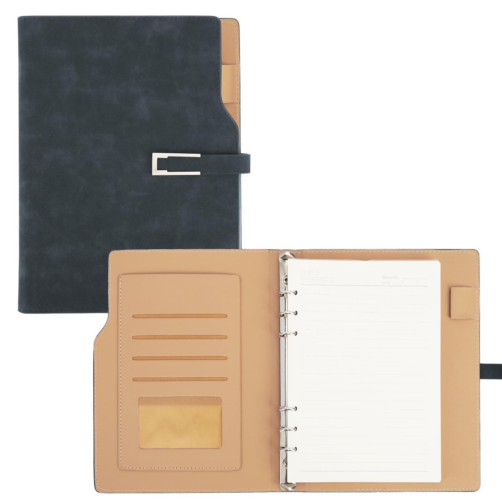 Classycoo PU Leather A5 Binder Notebook - 6 Ring Refillable Planner With Refill Paper, Round Cover for Filler Paper (Grey)