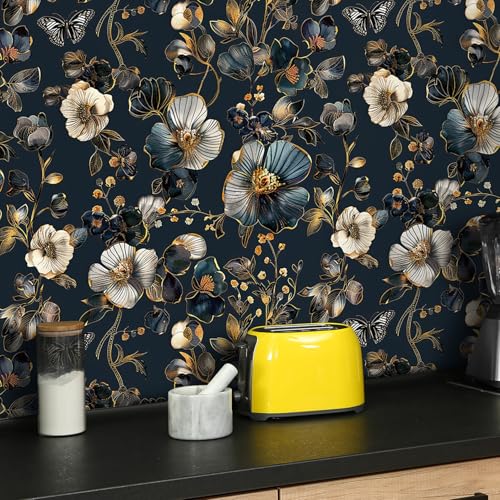 Papier peint adhésif bleu floral pour masquer défaut mur - 5