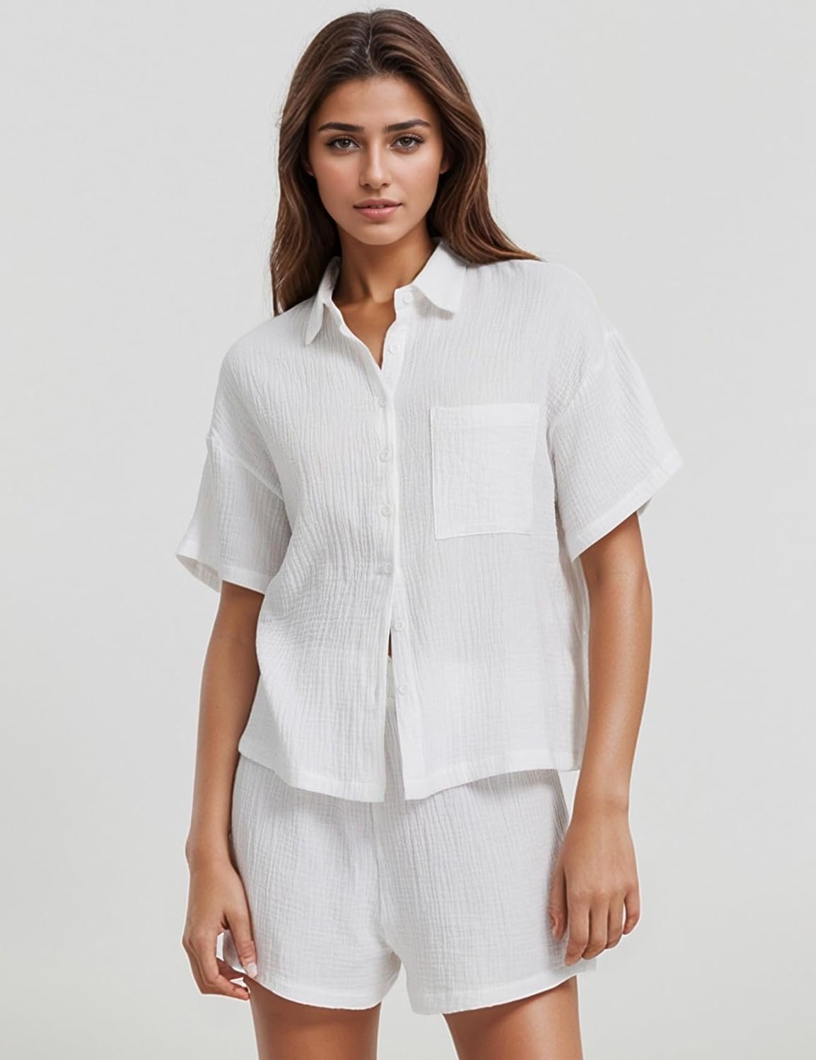 Flygo Women Casual 2 Piece Outfits Cotton Pajama Sets Loungewear Loose Button Down Shirt Shorts Gauze Set Beachwear - Image 2