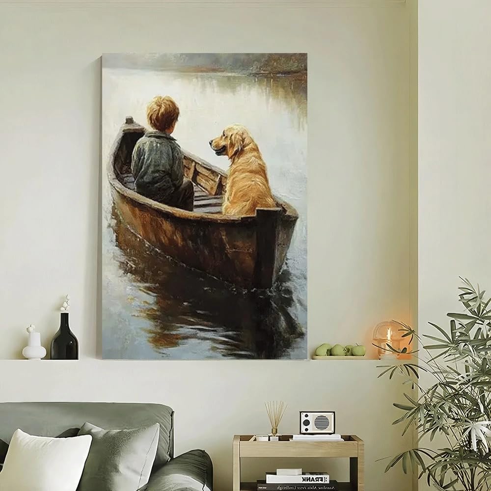 Trdmcfbn Boys No Frame And Dog Boating On Canvas, Lake Scene Oil Painting, Retro Art Mural, Home Decoration Painting(40X50cm/No Frame)