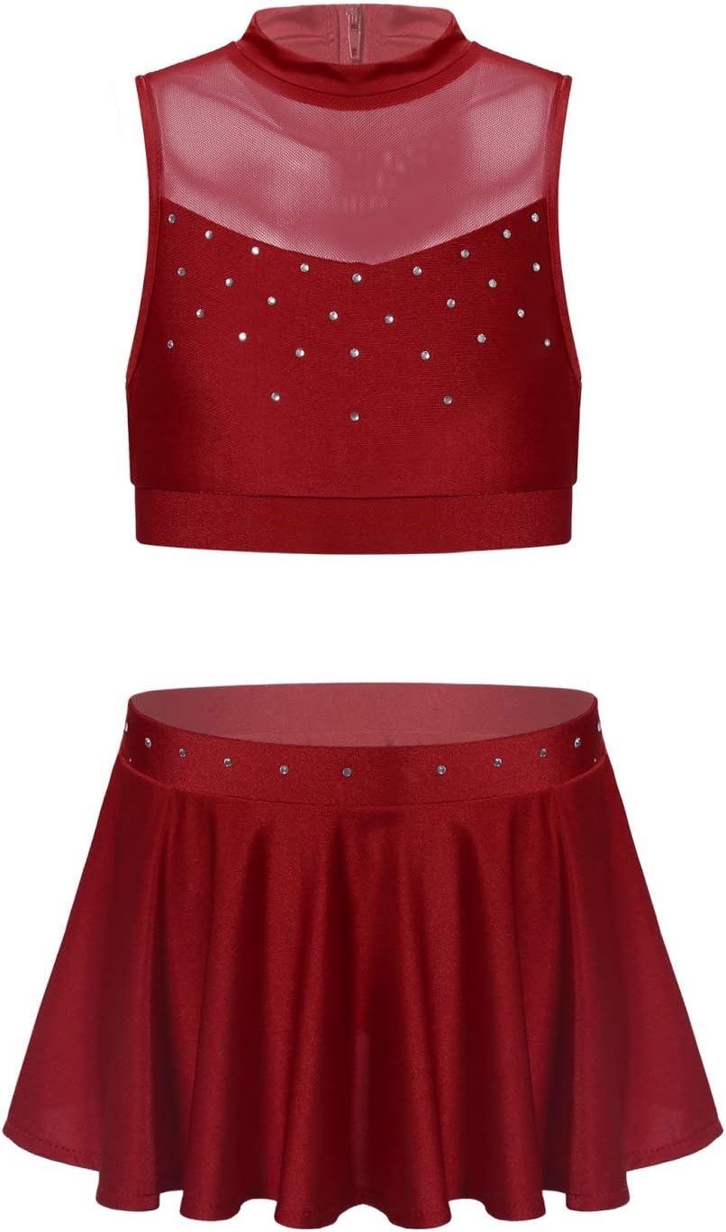 Freebily Kids Girls Basic 2 Piece Latin Rumba Active Outfit Crop Top and Skirt Shorts Set for Gymnastics/Dancing/Workout