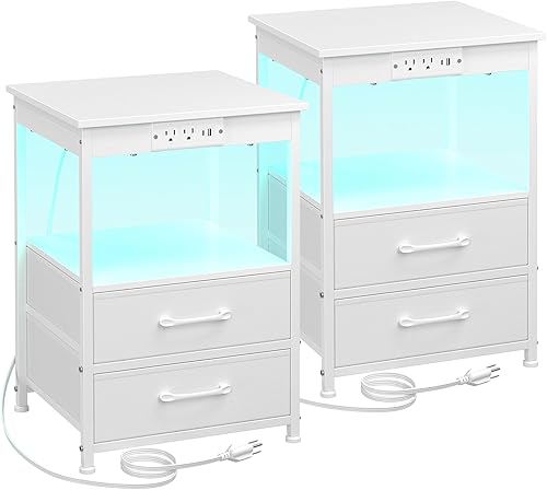 Juego de 2 mesitas de noche blancas con estación de carga, mesas auxiliares LED con puerto USB C y tomas, mesita de noche con 2 cajones de tela de