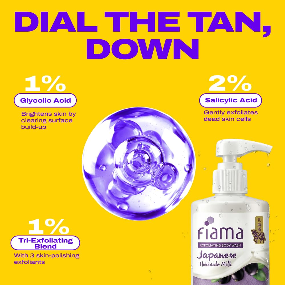 Fiama 4% Detan Serum Exfoliating Body Wash 250ml, 2% Salicylic Acid, 1% Glycolic Acid, 1% Exfoliating Tan Removal Shower Gel, Gently removes dead skin | Exotic Japanese Hokkaido Milk, Punchy Grapefruit Fragrance 1