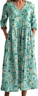 Women's Vintage Smocked Floral Print Maxi Dresses with Pockets Spring Summer Casual Colorful Long Sleeve V Neck Dress - Buy now