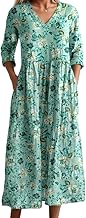 Women's Vintage Smocked Floral Print Maxi Dresses with Pockets Spring Summer Casual Colorful Long Sleeve V Neck Dress - Buy now