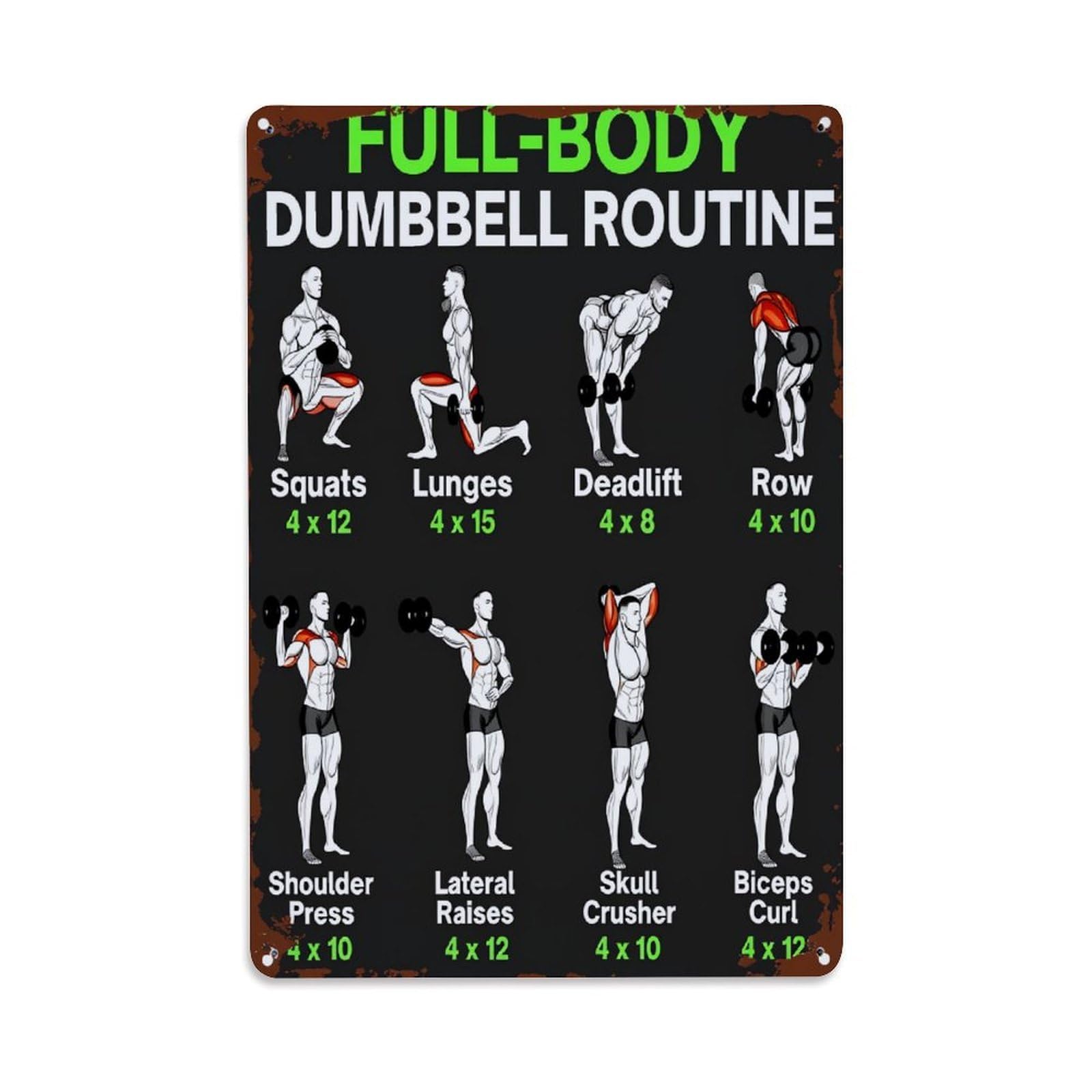 Jdfenggu Vintage Full Body Dumbbell Workout Routine Retro Metal Tin Sign, Decor Art Poster For Bar, Home, Man Cave, Kitchen, Laundry Room Gift 8X12inch