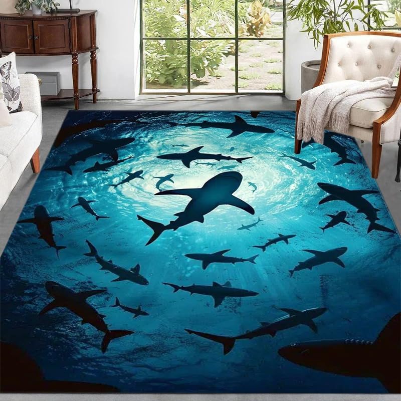 Bycmuoz Shark Silhouette Area Rug, 180x230cm, 3D Underwater Marine Animal Living Room Carpet, Soft Absorbent Low Pile Reduce Noise Machine Washable Rugs for Entryway Bedroom Indoor