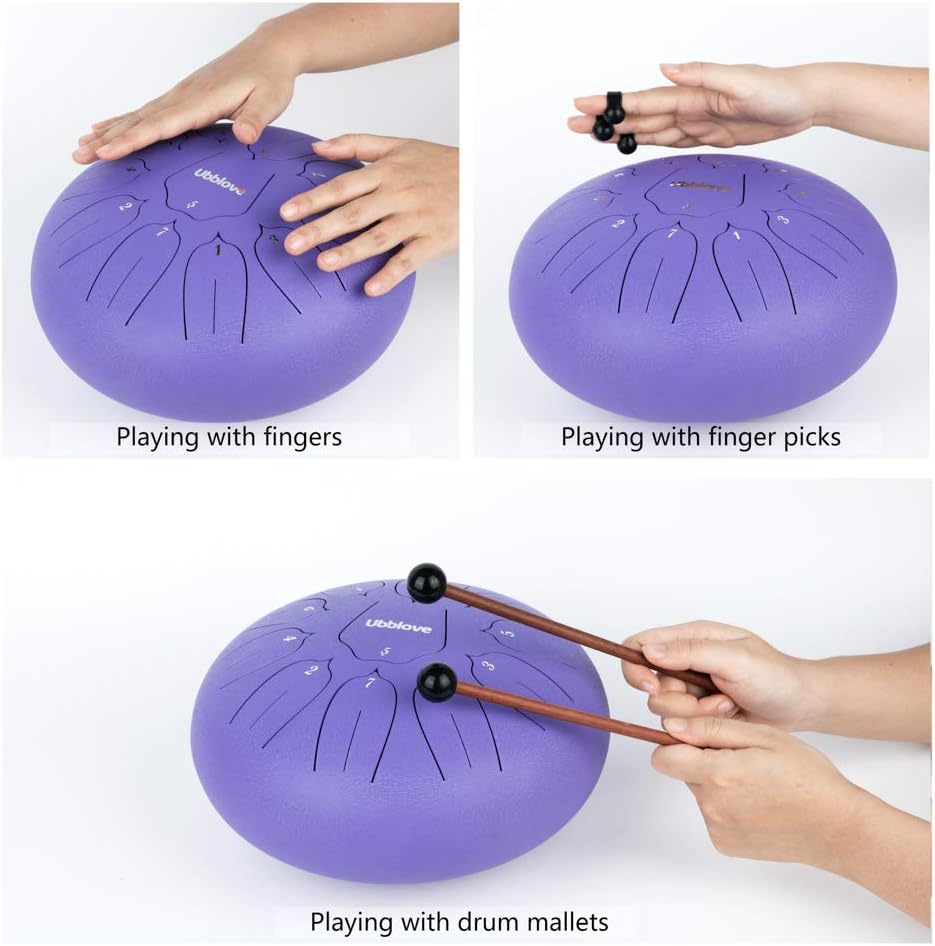 Ubblove Steel Tongue Drum - 11 Notes 10 Inch Handpan Drums D Major Percussion Music Instrument with Accessories for Adults Musical Education Meditation Concert Yoga Gift (Purple)