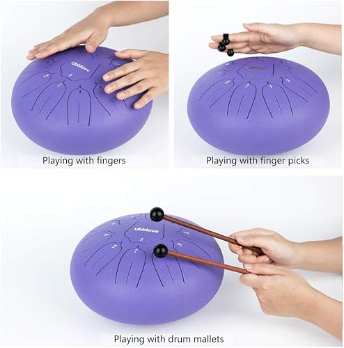 Miniatura 12 de Tambor de lengua de acero, tambor de tanque de mano, 11 notas, instrumento de percusión de meditación de 10 pulgadas con mazos, púas de dedos