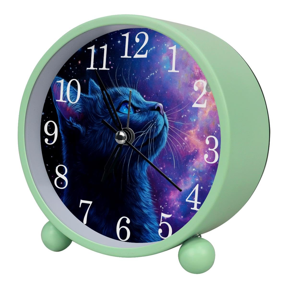 Luoweisi Alarm Clock Cat Nebula, Silent Non-Ticking with Night Light, Round Metal Alarm Clock for Office, Battery Operated, Bedroom, Elderly, Adults, Children, Student Gifts