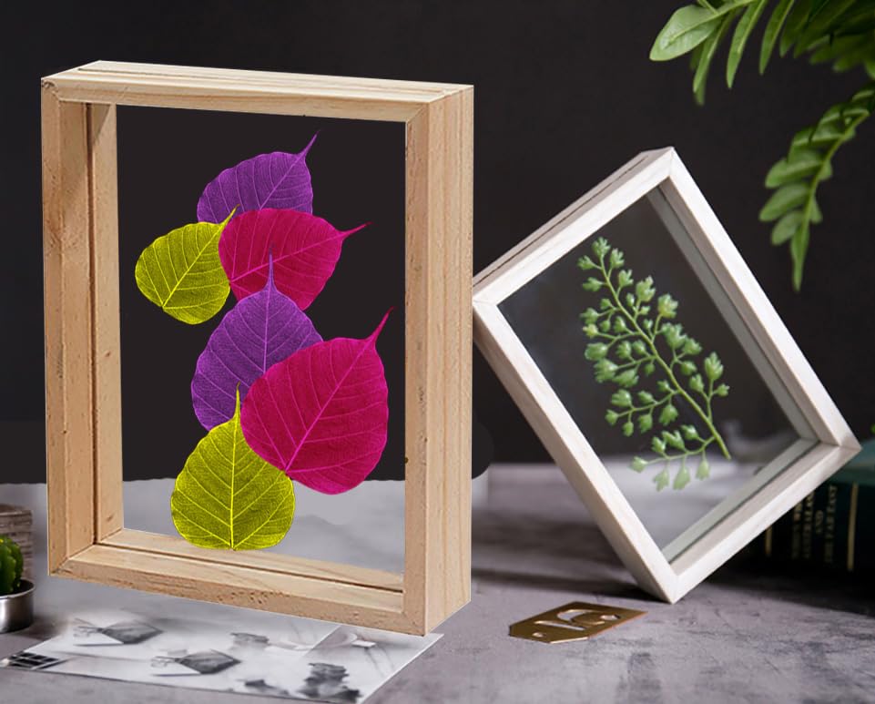 Image of Desi Rang Wooden Frame for Wall Decor Table top Hanging Any Green or dry plant Leaf Picture Photo DIY Gift Home decoration (Natural,Rec,8x12 inch,with random peepal colored leaf)