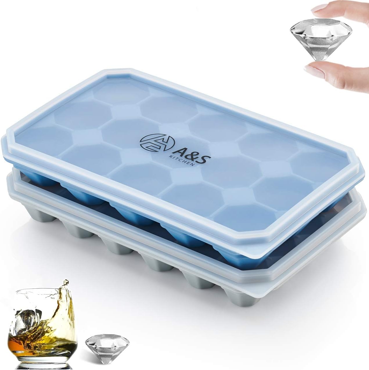 A&S Kitchen Ice Cube Tray with Spill-Resistant Removable Lid – Silicone Ice Cube Trays with Lids, Reusable, Flexible, Easy Release Ice Tray, Best for Baby Food, Water, Cocktail Drinks - Pack of 2