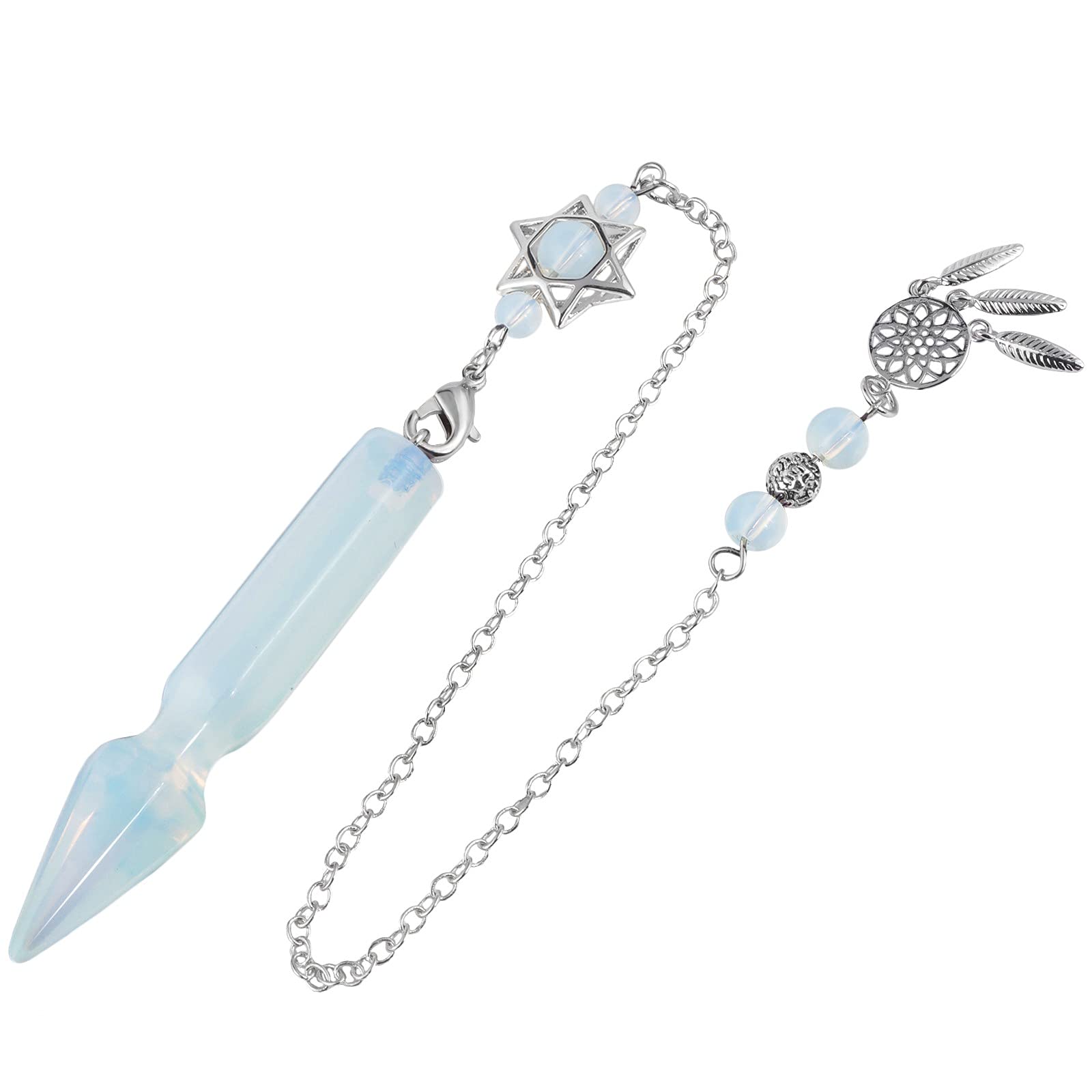 TUMBEELLUWA Crystal Point Pendulum for Divination Dowsing Faceted Stone Pendant Pendulum with Dream Catcher and Merkaba Star Chain, Opalite