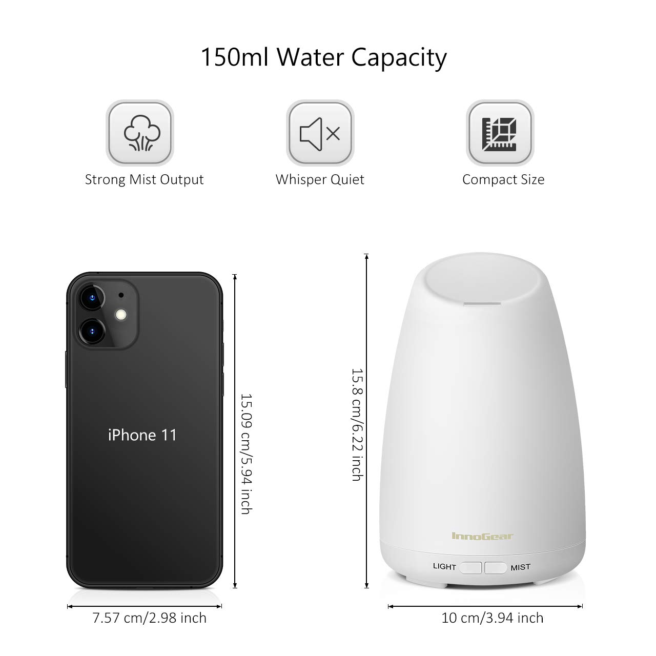 Image showing the compact size of the diffuser compared to a smartphone, indicating its 150ml water capacity.