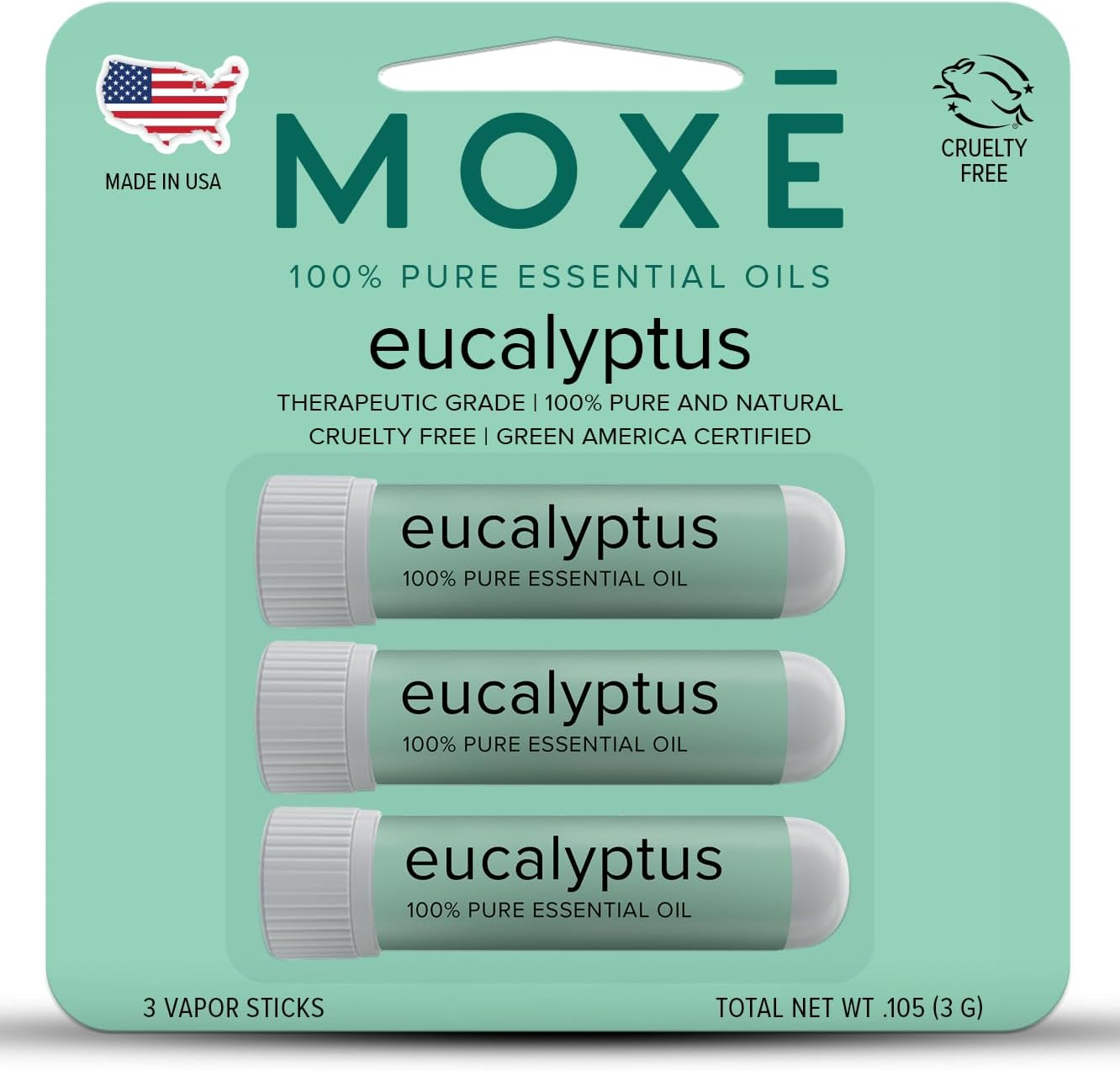 MOXĒ Eucalyptus Essential Oil Nasal Inhaler, Sinus & Congestion Relief, Daily Relaxation, Stress Relief, Therapeutic No-Mess Aromatherapy, Pure and Natural, Made in USA (3 Pack) packaging may vary