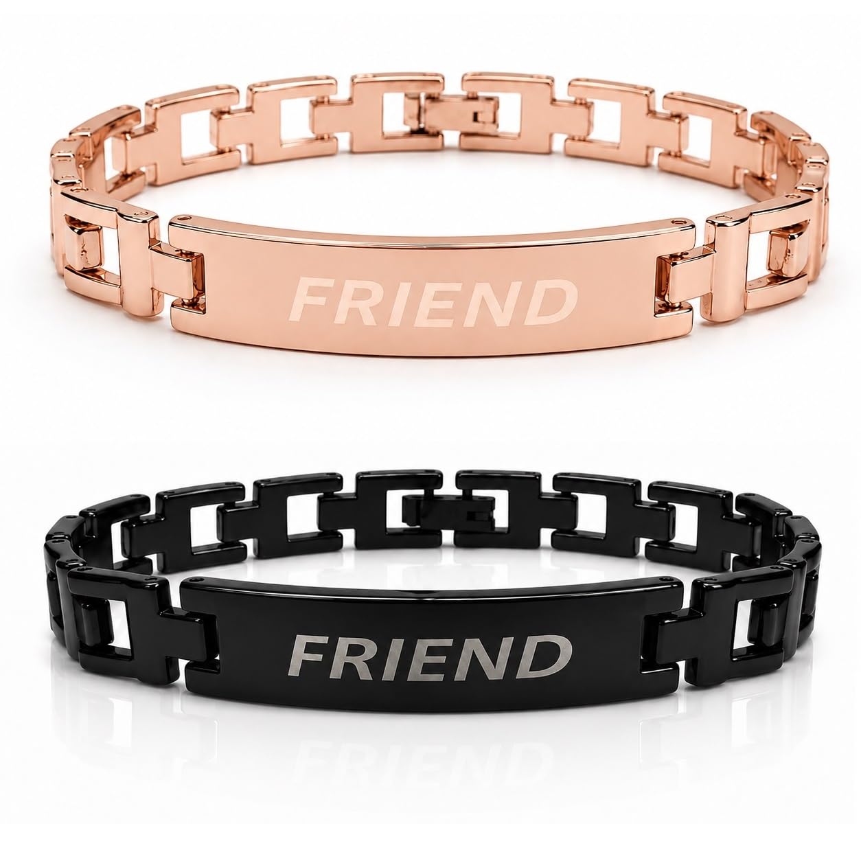 Most Trending Friendship Bracelet Of Rose-Gold & Black Color Stainless Steel Friend ID Engraved Plate With Premium Link Metal Chain Perefct Jewelry For Friendship Day Gift-image-6