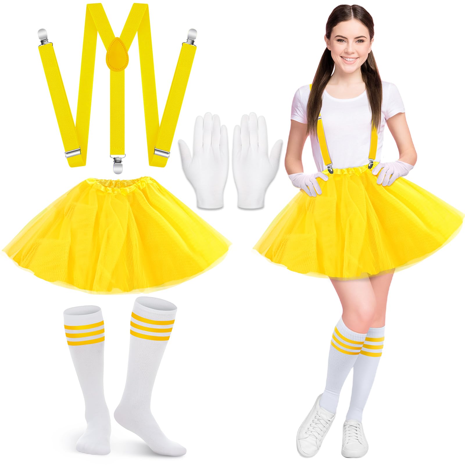 Photo 1 of 4 Pcs Halloween Costume Tutu Skirt Suspenders Set for Women Y Shape Suspender Tube Socks and Cotton Gloves Yellow