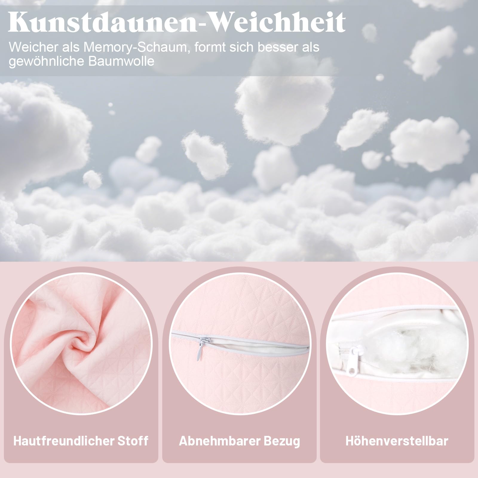 Anti-Falten Kissen, Seitenschläfer Schönheitskissen, Hautfreundliches Daunenkissen gegen für Schlafen, Anti-Wrinkle Pillow für Anti-Aging, Eye-Surgery, Gesichtsfalten, Nackenstütze（Rosa）