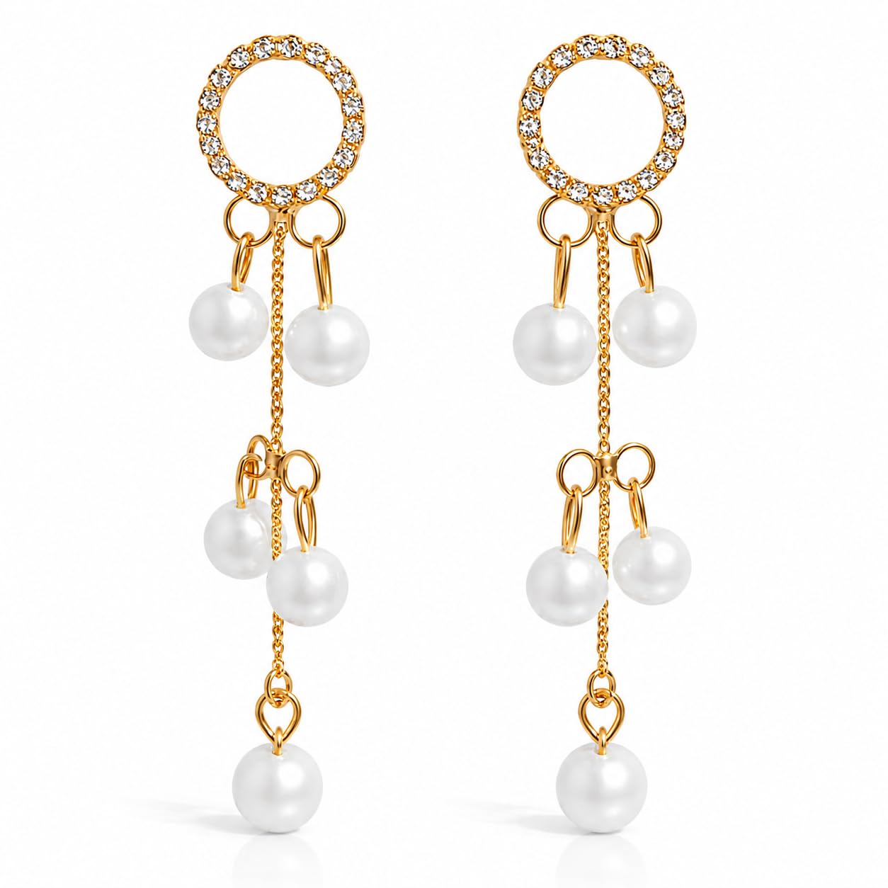 Gold-Tone Drop Earrings with Crystal Circle Studs and White Pearl Dangles, Long Chain Design-image-42