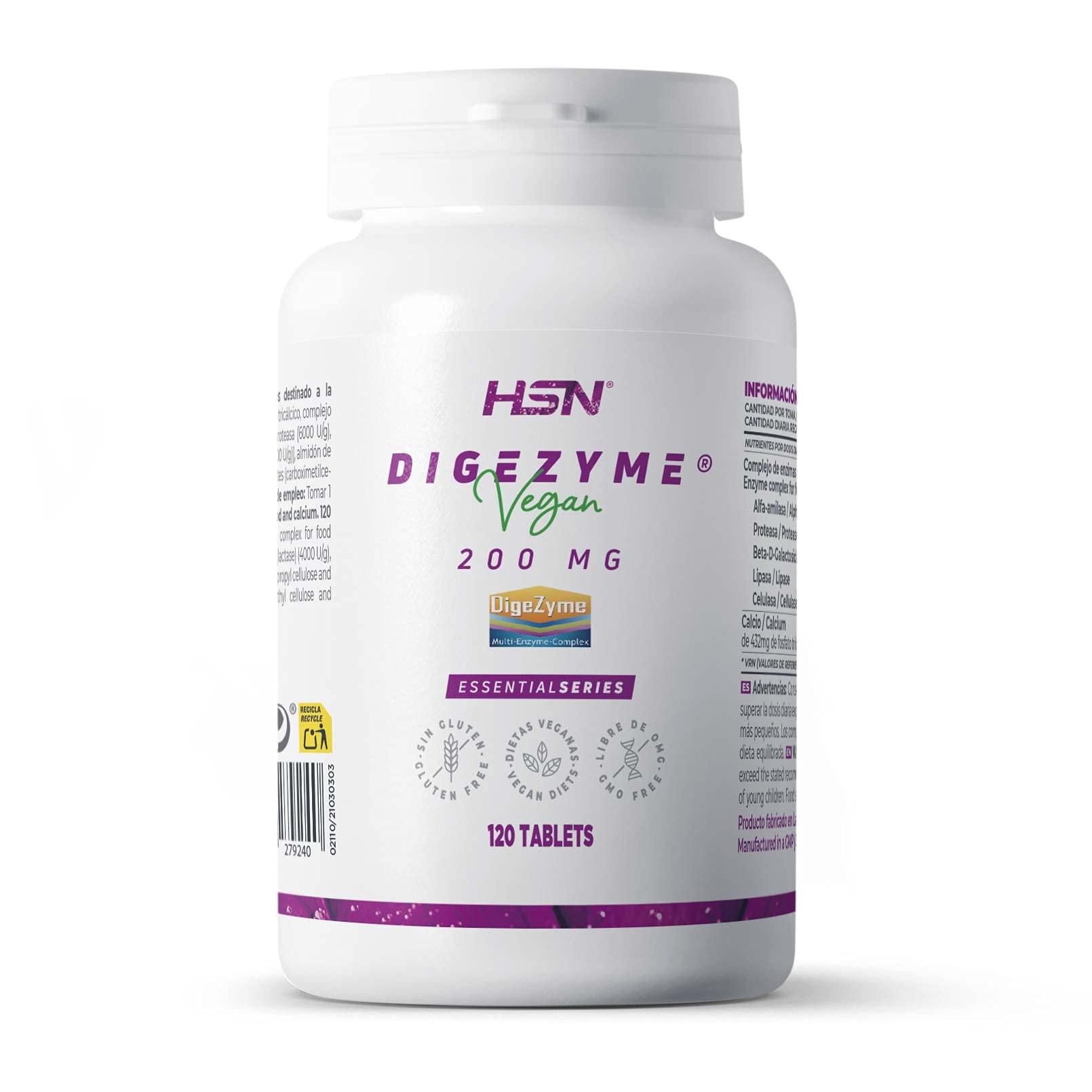 HSN - Digezymes | 200 mg | Digestive Enzyme Complex + Supports Digestion + Improves Nutrient Absorption | Vegan, Gluten Free, Lactose Free, 120 Tablets