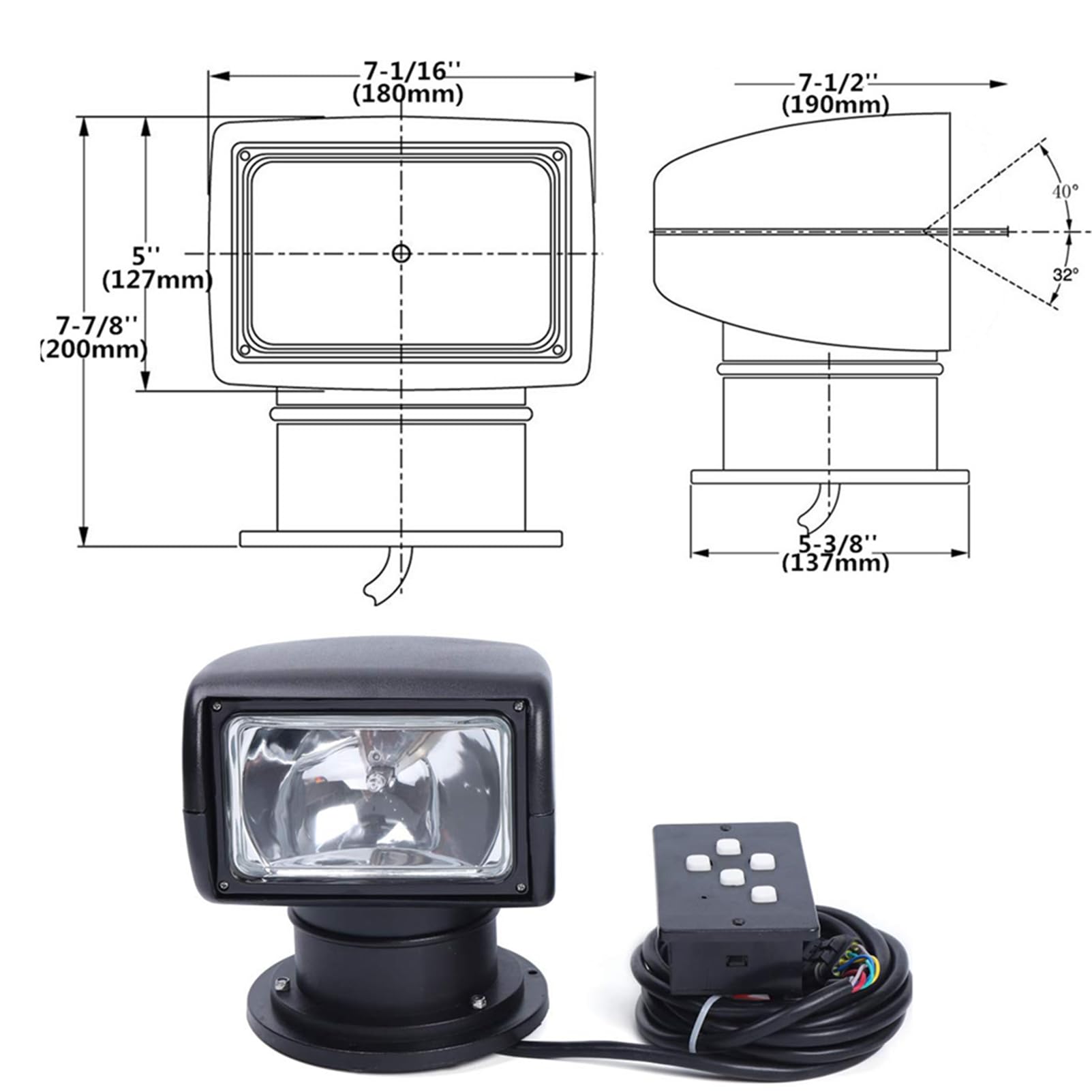FOTN - Schwarz 12V 24V 100W Halogen Marine Lampe mit Fernbedienung für Boot LKW Auto Yacht IP67 (12V)